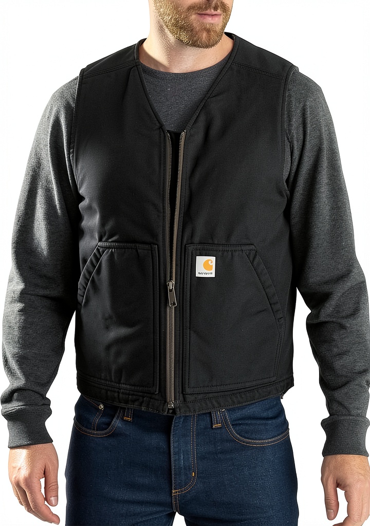 Carhartt mens sherpa-lined duck vest in Driftwood color worn outdoors