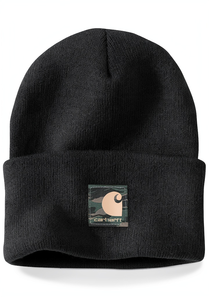 Carhartt Knit Camo Patch Beanie worn in outdoor setting