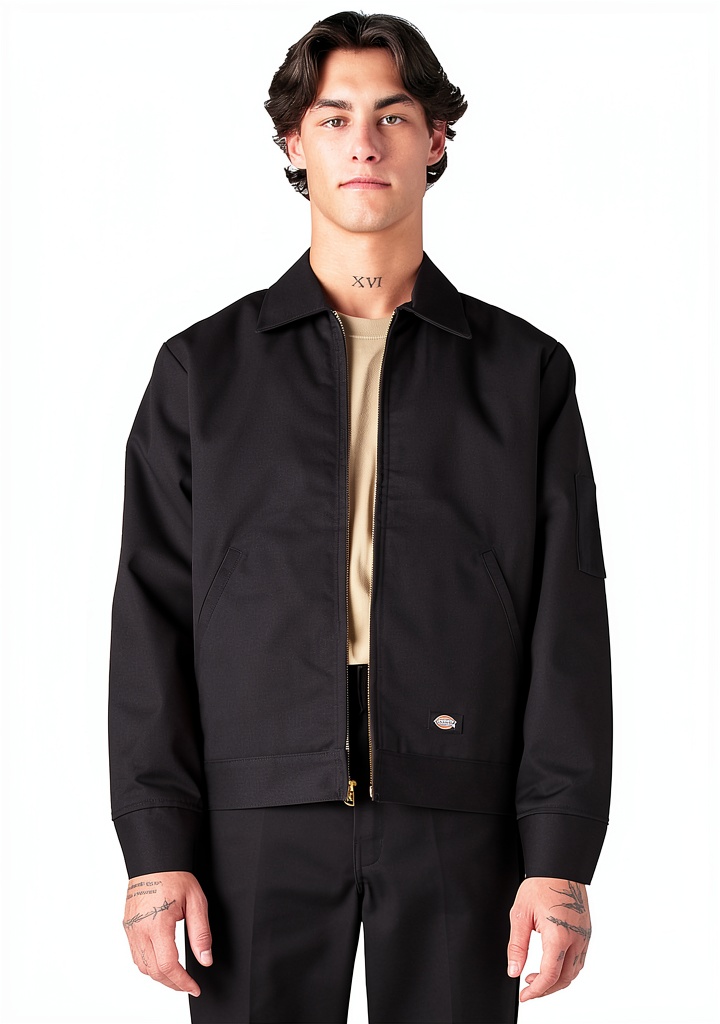 Dickies Twill Work Jacket in English Red color on a man working outdoors