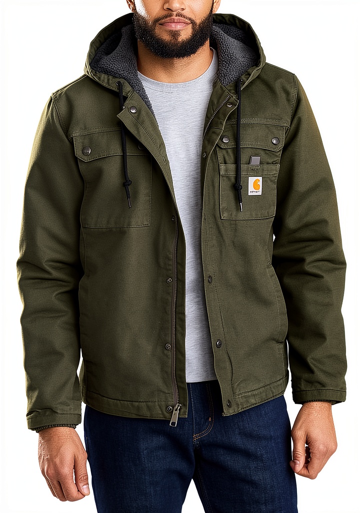 Carhartt work jacket in Dark Brown color on a worksite