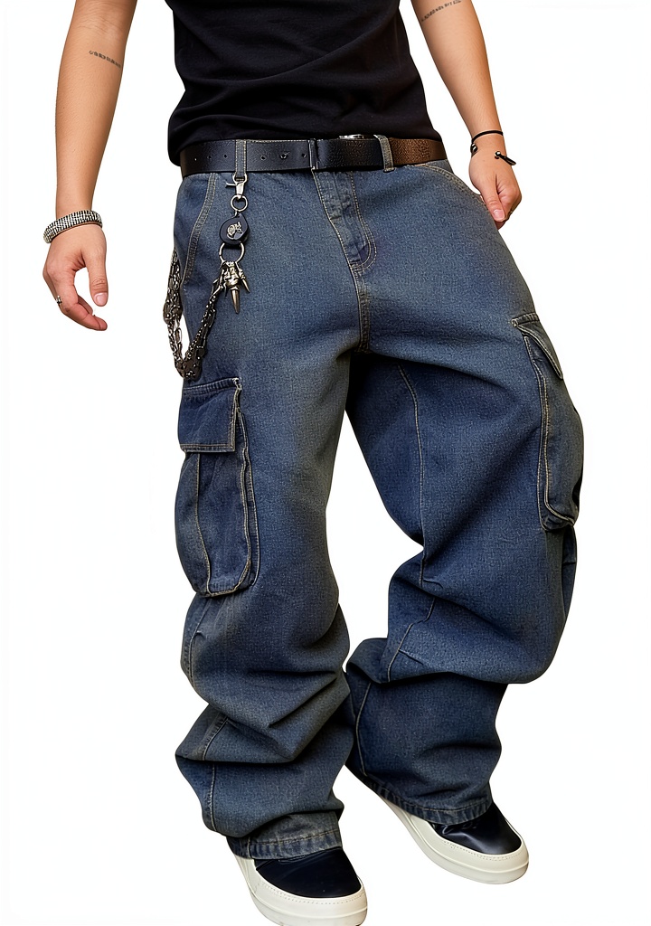 Mens baggy cargo jeans showing pocket functionality during urban commute
